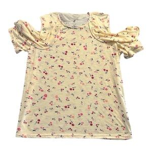 Juicy Couture Cherry Print Ruffle Sleeve Top size XL cold shoulder yellow red